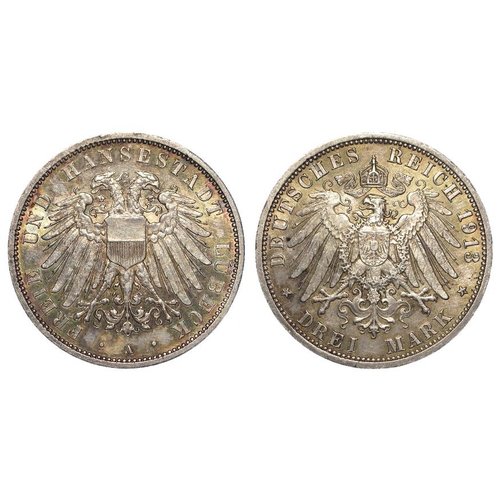 1536 - German State Lubeck silver 3 Mark 1913A, iridescent EF