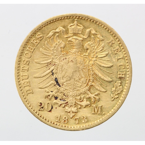 1537 - German State, Baden gold 20 Mark 1873G, KM# 261 (0.2305 troy oz AGW) VF