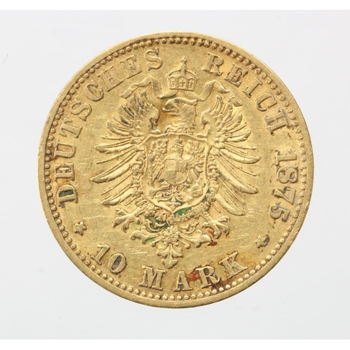 1539 - German State, Prussia gold 10 Mark 1875A, KM# 504 (0.1152 troy oz AGW) VF