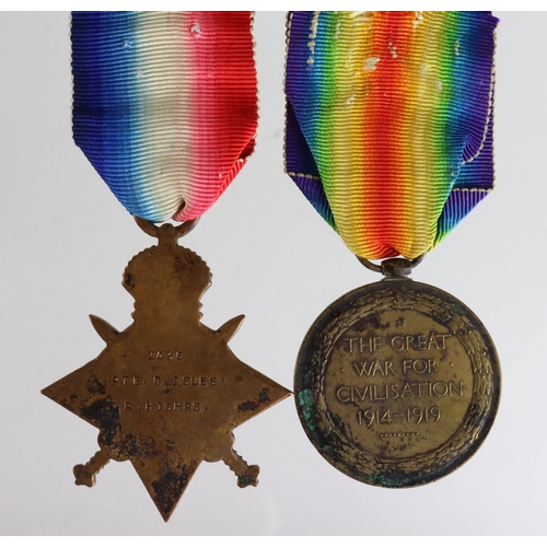 154 - 1915 Star and Victory Medal to 2435 Pte C Isles, R.Highrs. (Sjt on Victory). Later served with 17th ... 