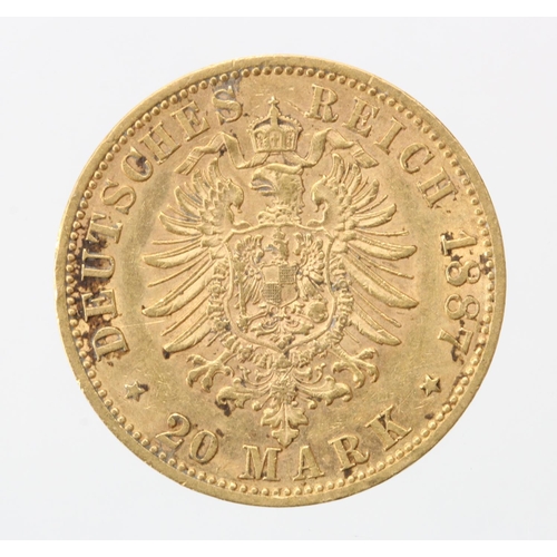 1540 - German State, Prussia gold 20 Mark 1887A, KM# 505 (0.2305 troy oz AGW) VF