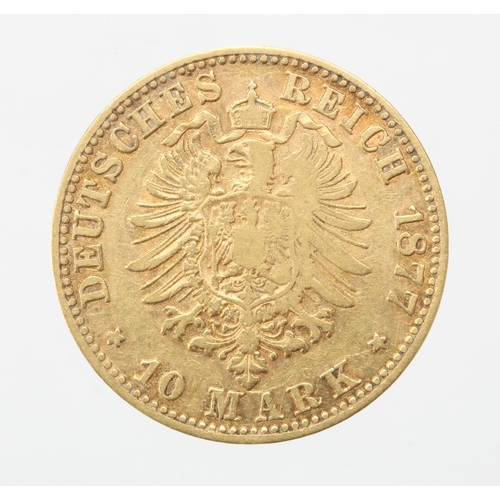 1542 - German State, Saxony-Albertine gold 10 Mark 1877E, KM# 1235 (0.1152 troy oz AGW) slightly bent VF