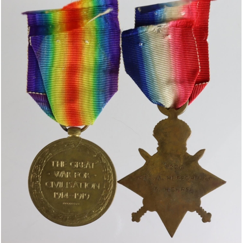 155 - 1915 Star and Victory Medal to 850 Pte W Herschell R.Highrs. Surname corrected on Victory Medal.   (... 