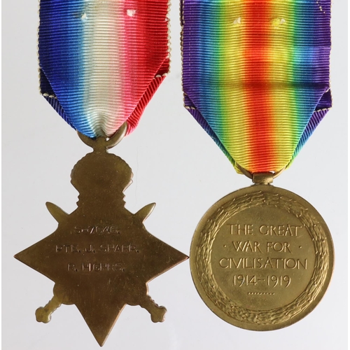 157 - 1915 Star and Victory Medal to S-7046 Pte J Sharp R.Highrs. Served with 1st Bn. Entitled to Silver W... 