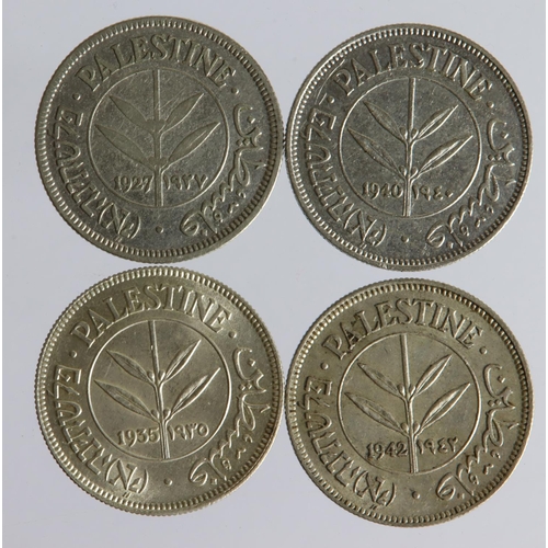 1574 - Palestine silver 50 Mils (4): 1927 GF, 1935 UNC, 1940 VF, and 1942 EF