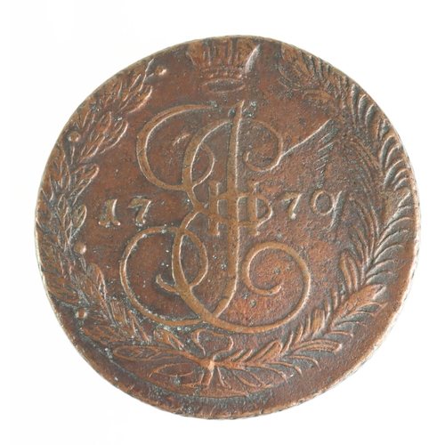 1587 - Russia large copper 5 Kopeks 1770 GVF with some ghosting of the eagle's wing obverse.