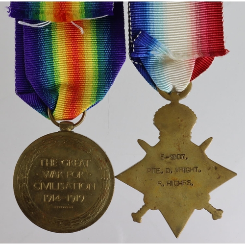 159 - 1915 Star and Victory Medal to S-9907 Pte D Wright R.Highrs. Recorded in the Weekly Casualty List 19... 