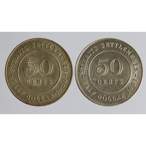 1598 - Straits Settlements silver 50 Cents (2): 1920 EF, and 1921 GEF