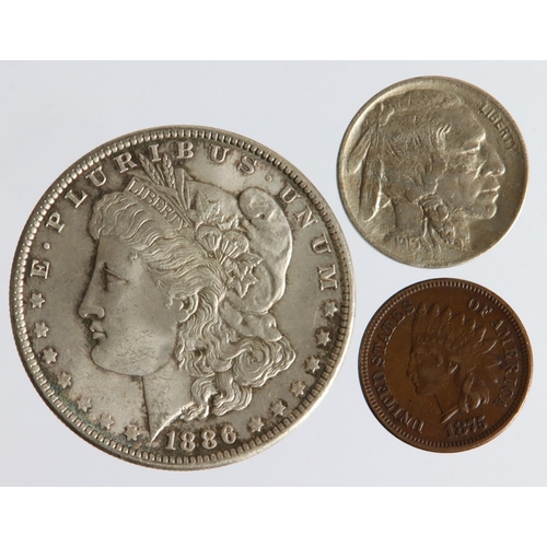 1601 - USA (3): Morgan Silver Dollar 1886 lightly toned UNC, Buffalo Nickel 1913 Type 1 nEF, and Indian Hea... 