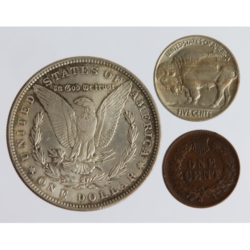 1601 - USA (3): Morgan Silver Dollar 1886 lightly toned UNC, Buffalo Nickel 1913 Type 1 nEF, and Indian Hea... 