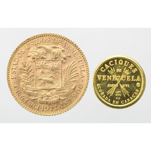 1609 - Venezuela gold GR 6.4516 (20 Bolivares) 1912, Y# 32 (0.1867 troy oz AGW) UNC, tiny marks, along with... 