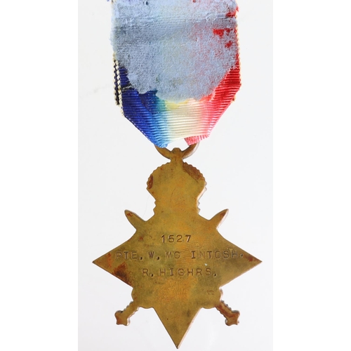 163 - 1915 Star named 1527 Pte W McIntosh R.Highrs. Killed In Action 21/4/1918 serving with 2nd Bn Essex R... 