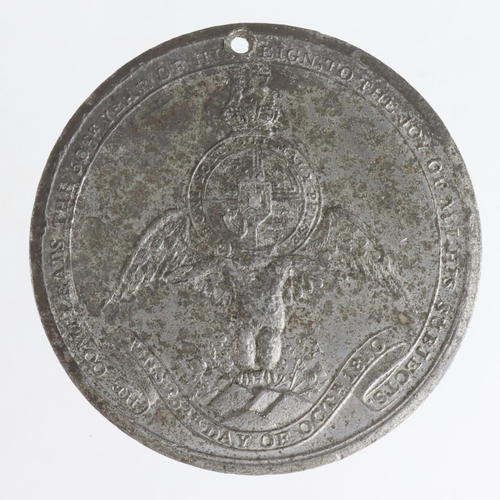 1635 - British Commemorative Medal, white metal d.47mm: George III Jubilee 1810, by Halliday, GVF, holed.