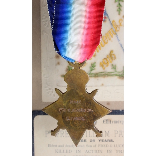 164 - 1915 Star named 19443 Pte F W Patrick E.York.R. Killed In Action 26/9/1916 with the 6th Bn. Born Ips... 