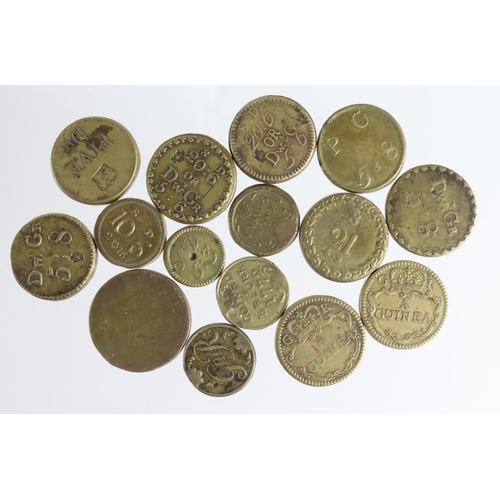 1657 - Coin Weights (15) brass: George III non-portrait weights: 10x Guinea, 4x Half Guinea, and 1x Quarter... 