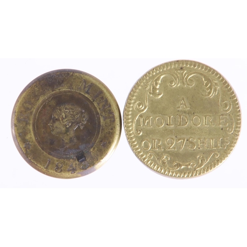 1661 - Coin Weights (2) brass: Moidore (27 Shillings value) 17th-18thC high grade, and Royal Mint QV portra... 