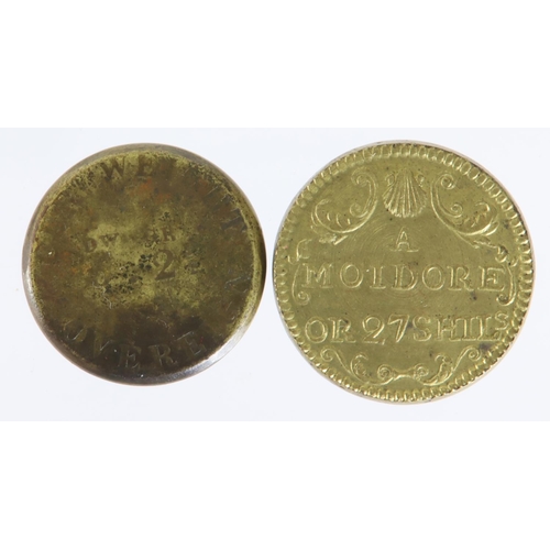 1661 - Coin Weights (2) brass: Moidore (27 Shillings value) 17th-18thC high grade, and Royal Mint QV portra... 