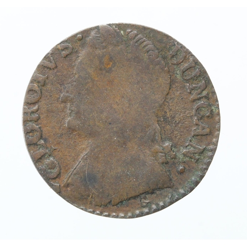 1674 - Evasion Farthing: George II style portrait l. 'GLOROIVS DUNCAN' / 'BRITAN RULES 1771', rare, GF for ... 