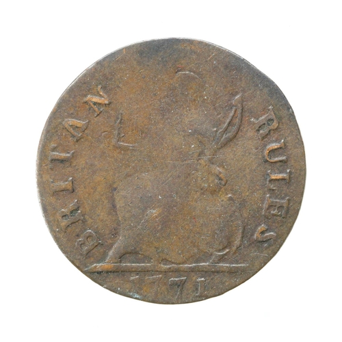 1674 - Evasion Farthing: George II style portrait l. 'GLOROIVS DUNCAN' / 'BRITAN RULES 1771', rare, GF for ... 