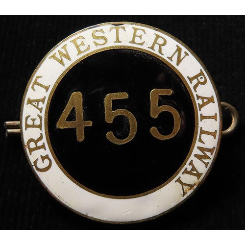 1690 - Great Western Railway, brass & enamel hat badge? (possibly Marine Department) No. 455. Has 2 lugs an... 