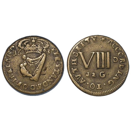 1692 - Ireland, Charles II brass coin weight dated 1683, for the Spanish silver 4 Reales. Reverse: VIII D(w... 