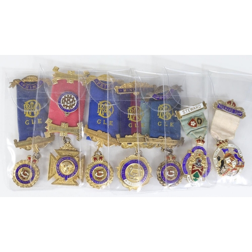 1705 - Masonic & Buffalo Jewels (7) 1920s-1970s, all enamelled hallmarked silver-gilt.