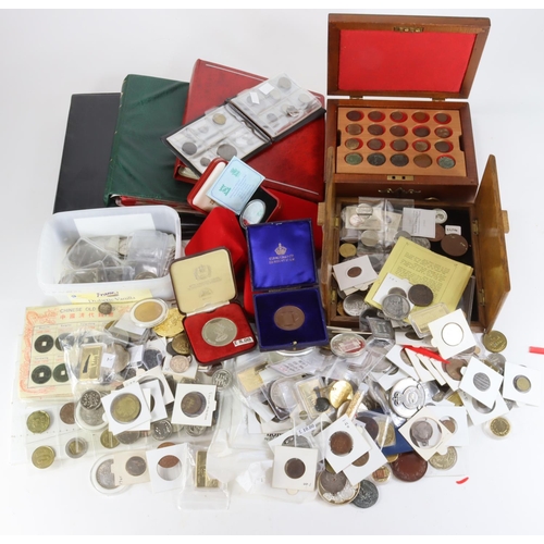 1744 - Stacker box containing an assortment of exonumia & tokens, includes 18th century issues up to the 20... 