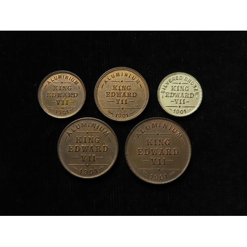 1748 - Thomas Parker set of 5x private pattern coins: 4x bronzed aluminium 'King Edward VII 1901' 1, 2, 3 a... 