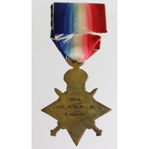 176 - 1915 Star to 3914 L-Cpl P Gilfillan R.Highrs. Killed In Action 26/3/1918 with the 7th Bn (291157). B... 