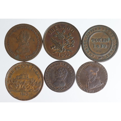 1788 - Tokens (6) 18th-19thC copper including Wellington pieces and a Hodgins, Cloghjordan Penny of Ireland... 