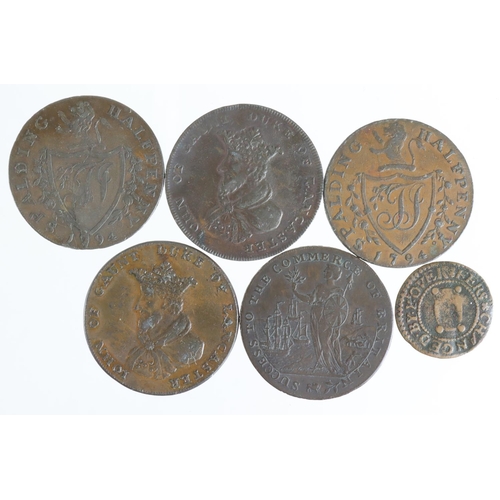 1789 - Tokens, 17th-18thC Lincolnshire (6): Stamford woolpack Halfpenny 17thC #234-5 F-GF, and 18thC Halfpe... 