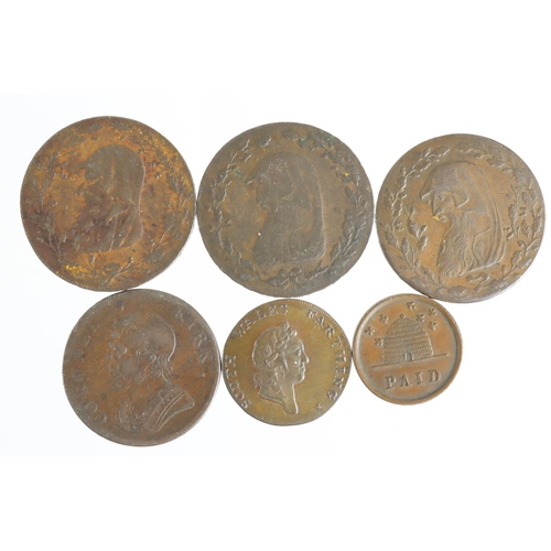 1794 - Tokens, 18th-19thC Wales (6): 3x Druid Head Halfpennies: North Wales D&H #7, Anglesey #266-413, and ... 