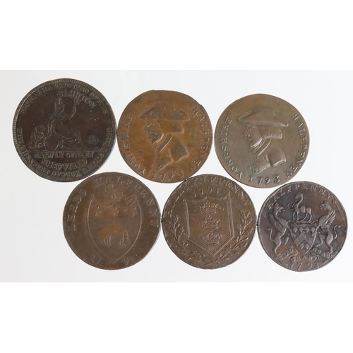 1796 - Tokens, 18th-19thC Yorkshire (6) including Hull, Sheffield and Leeds Halfpennies etc, noted D&H #15,... 