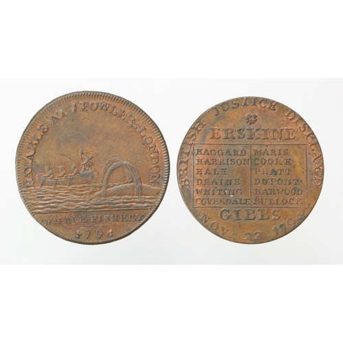 1799 - Tokens, 18thC (2) Middlesex, Halfpennies: Fowlers Whale Fishery 1794 EF trace lustre, and John Horne... 