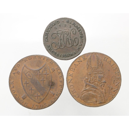 1806 - Tokens, 18thC (3): Wicklow Cronebane Halfpenny 1789 D&H #51 GVF, Norwich Bolingbrokes Halfpenny 1792... 