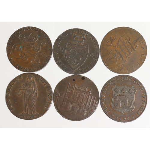 1807 - Tokens, 18thC (6) Halfpennies: Cork 1794 D&H #2, VF-GVF, Cronebane 1789 'Clougher or in Dublin' edge... 