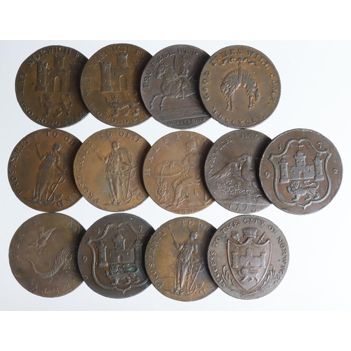 1814 - Tokens, 18thC Norfolk (13) various Norwich Halfpennies, noted D&H #14, #16, #21, #23, #26, #28a, #31... 