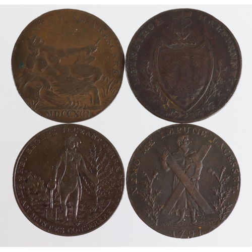 1815 - Tokens, 18thC Scotland (4) Halfpennies: Edinburgh/Liverpool mule 1791 VF, Edinburgh University 1797 ... 