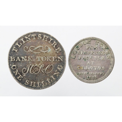 1817 - Tokens, 19thC (2) silver: Flintshire Bank (Wales) Shilling 1811 #1-3 toned VF, and London S. Lloyds ... 