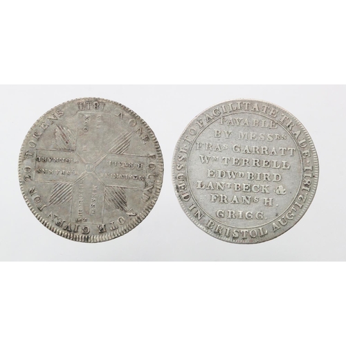 1818 - Tokens, 19thC (2) Somerset silver: Bristol Messrs. Garratt etc Shilling 1811 #23-9 nVF, and Frome Wi... 