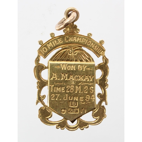 1824 - Trinity Cycling Club of Edinburgh, Victorian, 15ct gold Cycling medal - back reads 10 mile champions... 