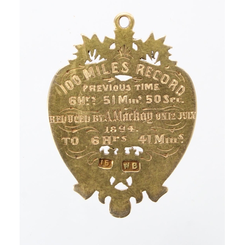 1825 - Trinity Cycling Club of Edinburgh, Victorian, 15ct gold Cycling medal - back reads 100 miles Record,... 