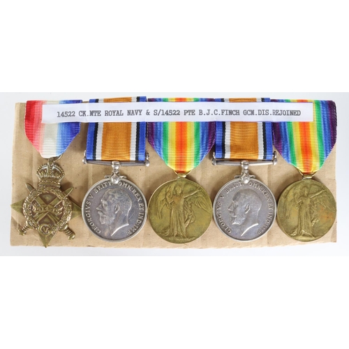 185 - 1915 Star Trio named (M.7457 B J C Finch CK.MTE.RN). With a BWM & Victory Medal named (S-14522 Pte B... 