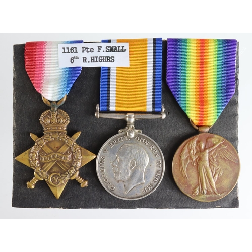 186 - 1915 Star Trio to 1161 Pte F Small R.Highrs. Served with 6th Bn.  (3)