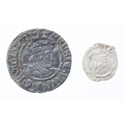 1891 - Henry VIII (2): Halfpenny S.2356 Fine, found Checkley 9/12/09, and Halfgroat, Canterbury, S.2345 GF