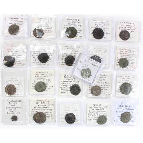 1908 - Roman (21) dealer's ex-stock of late Roman bronze coins, noted Anastasius I 10mm F, Constantine II a... 