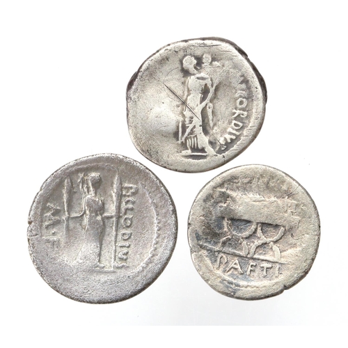 1950 - Roman Republican (3) silver Denarii: P.Clodius M.f., Apollo / Diana Lacifera, Sear 492, 3.58g, GF; C... 