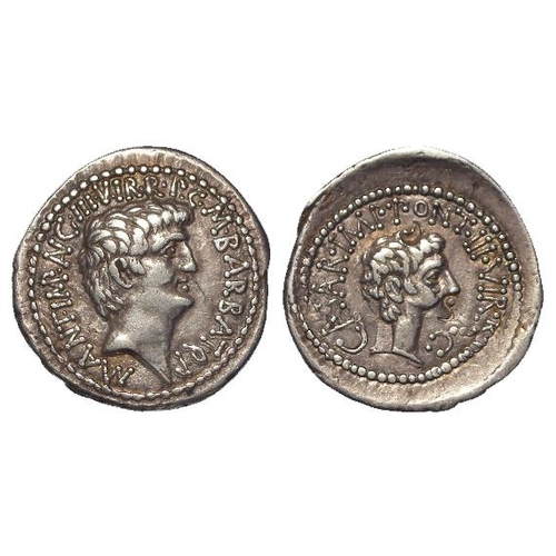 1954 - Roman, Second Triumvirate, Mark Antony and Octavian AR Denarius of Ephesus, Spring-Summer 41 BC, Sea... 