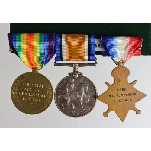 196 - 1915 Star Trio to 2357 Pte A Skinner R.Highrs (pair named 290541 Pte A Skinner R.Highrs). Served wit... 