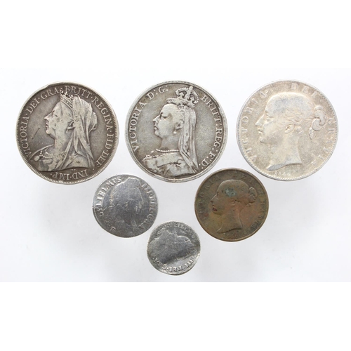 2127 - GB Coins (6): Crowns: 1844 cleaned Fine, 1889 VG, 1900 LXIV VG, Shilling 1696B poor, Sixpence 1696 p... 